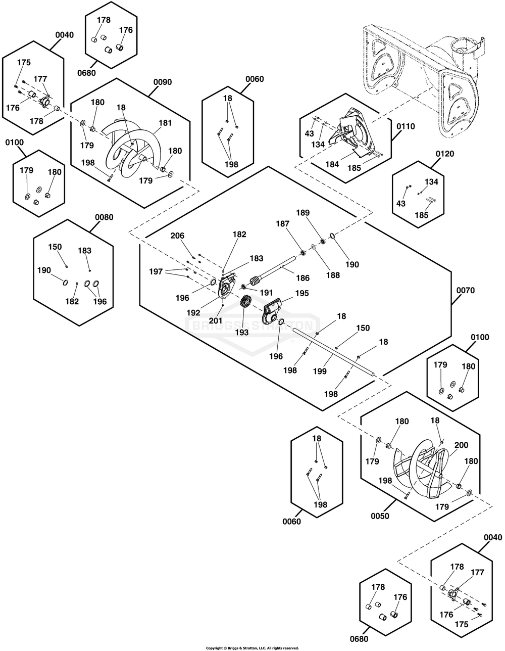 Auger Drive Group Diagram and Parts List for 1696616-04 2017 Briggs and Stratton Snow Blower